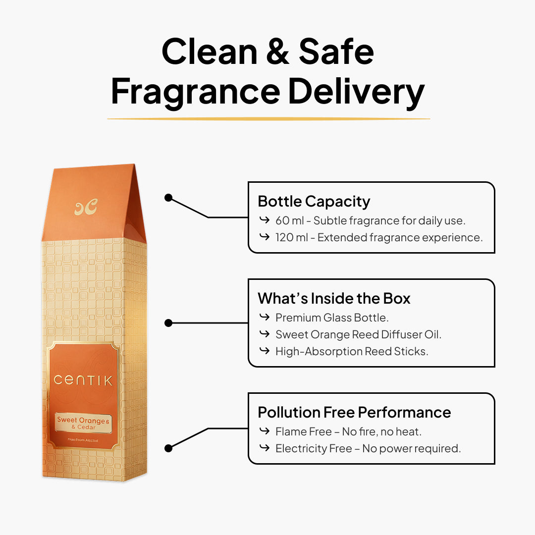 Centik Reed Diffuser | Sweet Orange & Cedar | Luxury Long Lasting Scent | Alcohol Free