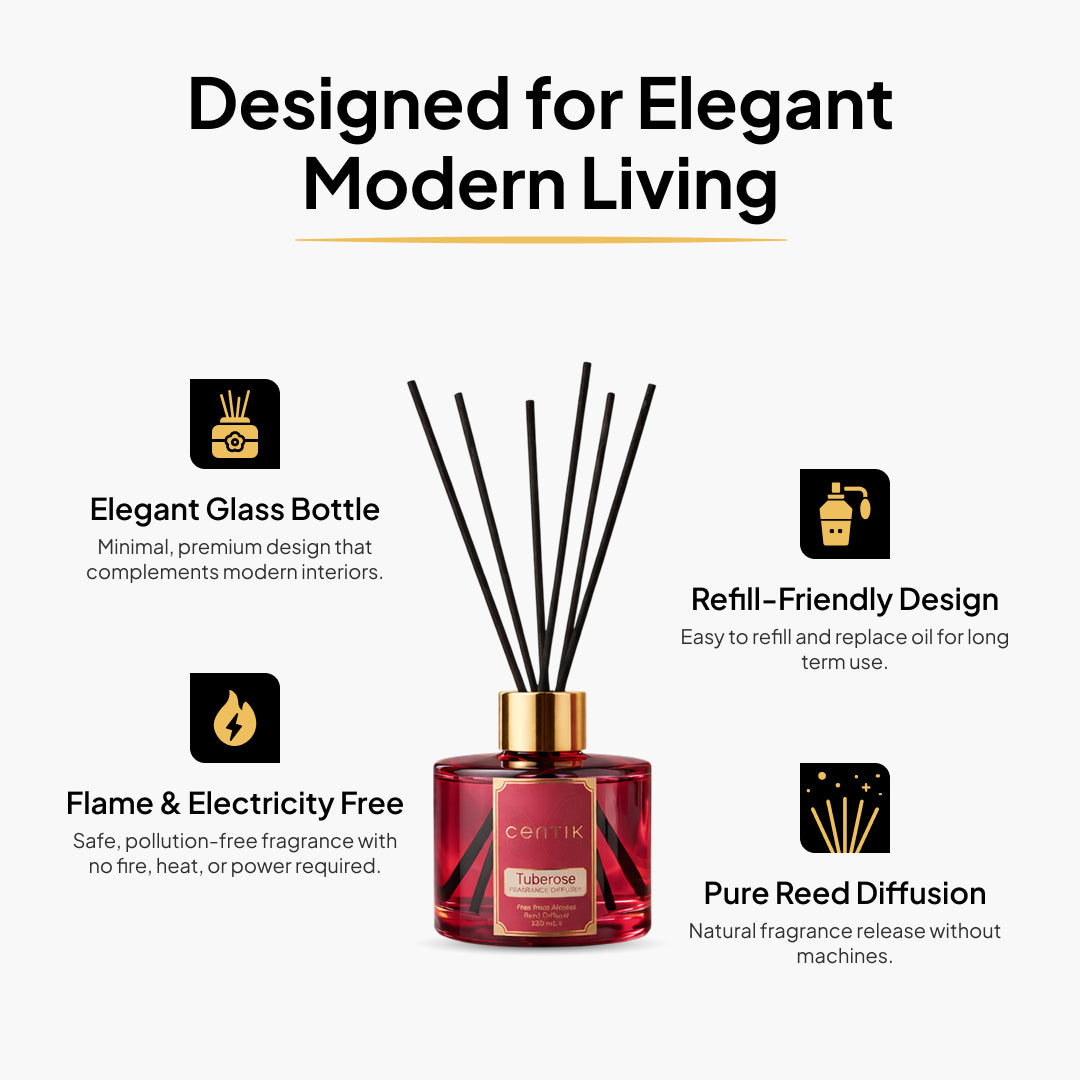 Centik Reed Diffuser | Luxury Tuberose | Luxury Long Lasting Scent | Alcohol Free