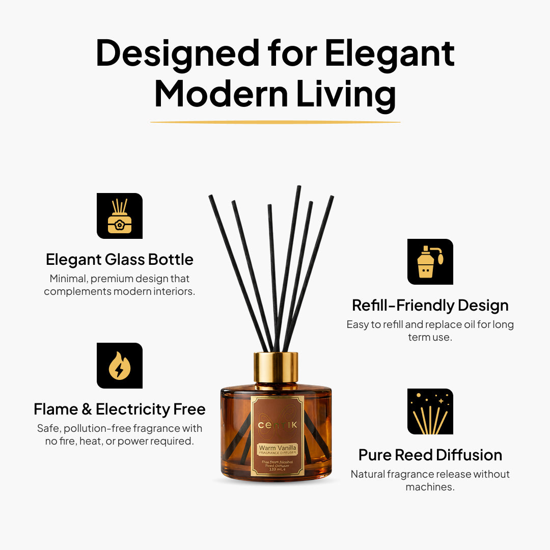 Centik Reed Diffuser | Warm Vanilla | Luxury Long Lasting Scent | Alcohol Free