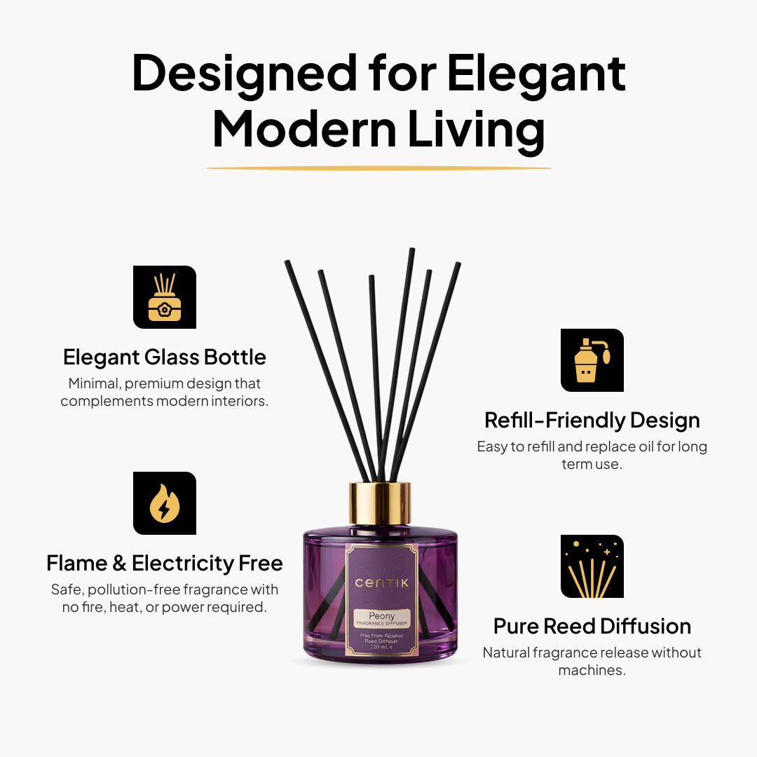 Centik Reed Diffuser | Peony | Luxury Long Lasting Scent | Alcohol Free