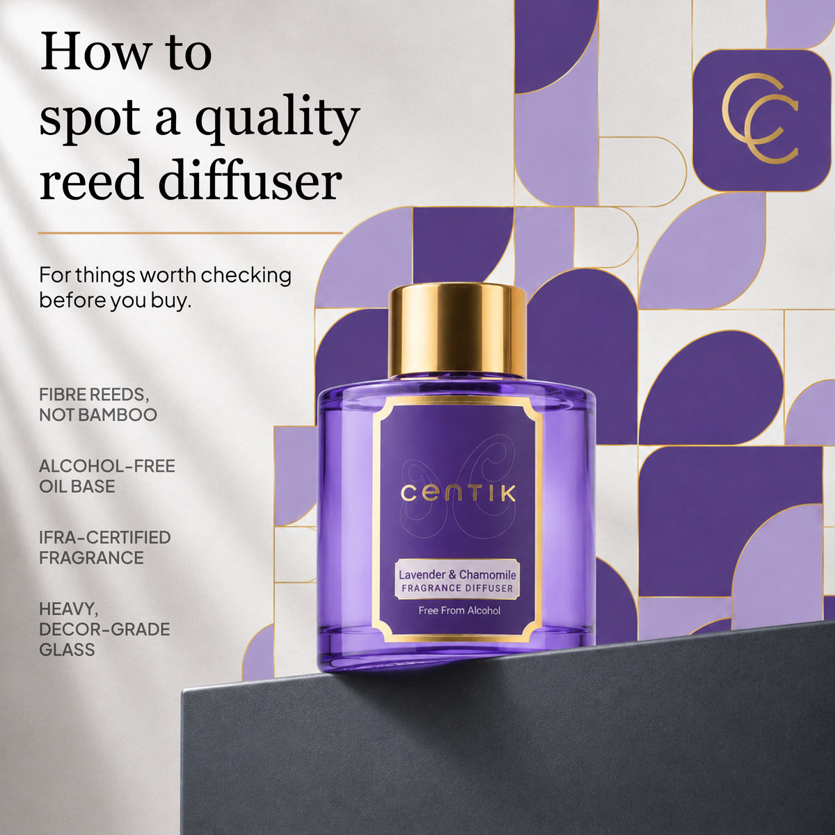 Centik Reed Diffuser | Lavender & Chamomile  | Luxury Long Lasting Scent | Alcohol Free