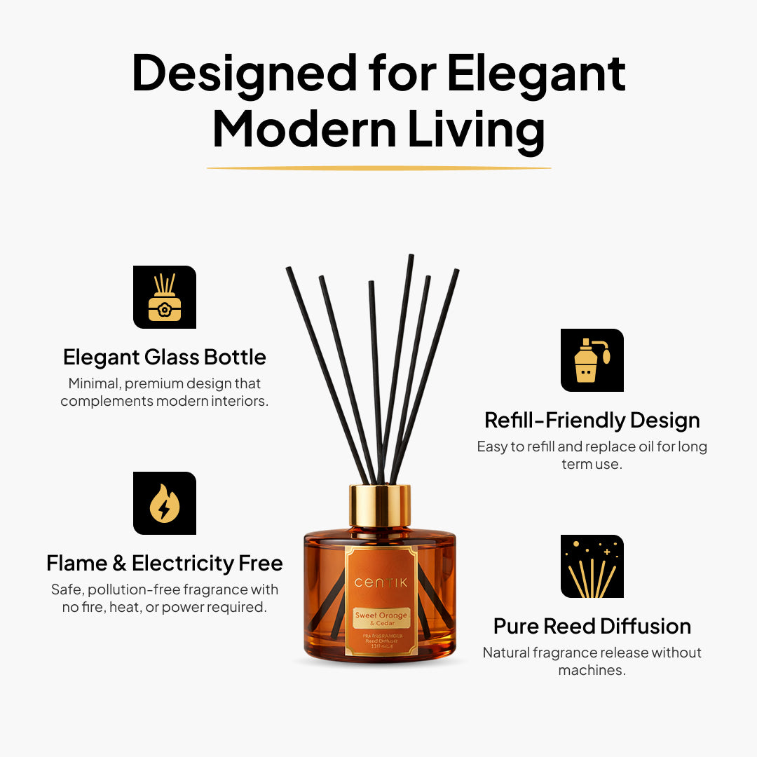 Centik Reed Diffuser | Sweet Orange & Cedar | Luxury Long Lasting Scent | Alcohol Free