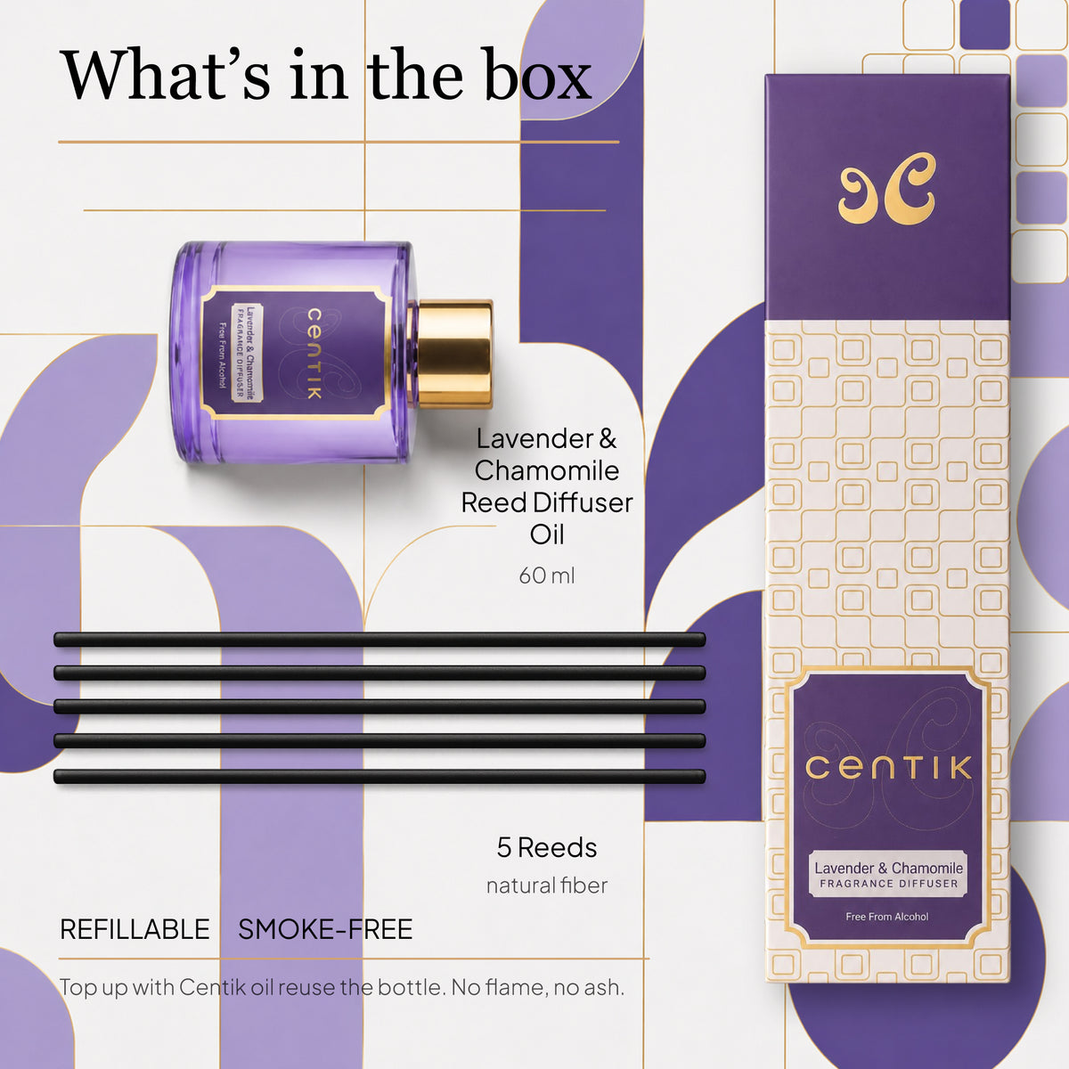 Centik Reed Diffuser | Lavender & Chamomile  | Luxury Long Lasting Scent | Alcohol Free